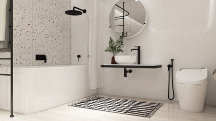 Modern, luxury white bathtub, black rain shower, wash basin, toilet in colorful terrazzo and marble wall bathroom, fresh tropical tree for interior design, toiletries product background 3D