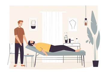 illustration of a physiotherapist for chiropractic treatment, man lying on a stretcher