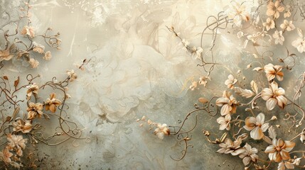 A delicate floral vintage background featuring detailed ornamental motifs. The intricate flowers and vines are artistically arranged, creating a visually appealing and harmonious design. The soft,