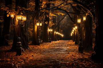 Obraz premium A Winding Forest Path Blanketed With Autumn Leaves