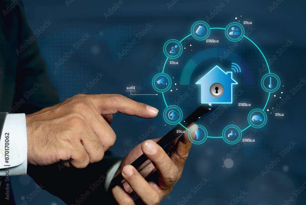 Poster smart home digital remote control on smartphone concept. internet of things in technology control. b
