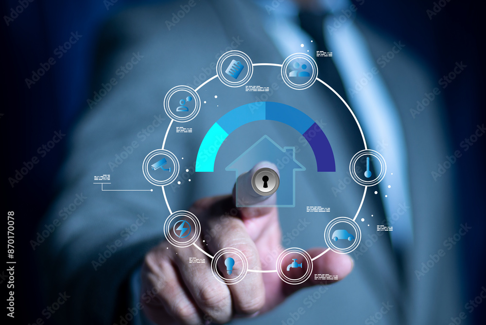 Poster smart home digital remote control on smartphone concept. internet of things in technology control. b