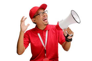 Asian delivery man or courier shouting into a megaphone, announcing a promo, special offer, discount, and great deals, isolated on a white background