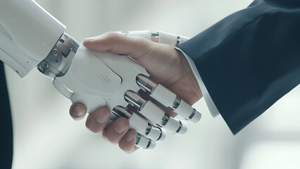 Businessman and Robot hands in handshake.
