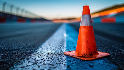 Orange striped cones on the race track.