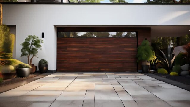 Modern home garage door with wood finish