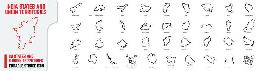 Editable stroke icons of the 28 states of India with Union Territories. States including Tamil Nadu, Delhi, Mumbai, Kolkata, & more, depicted as thin line icons isolated on a white background