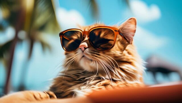 Cool cat relaxing in sunglasses on beach