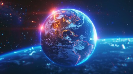 Obraz premium Neon Blue Holographic Globe Illustrating Sci-fi Climate Change Impacts