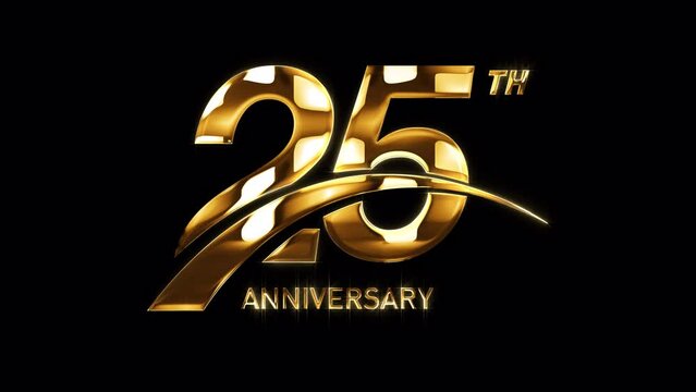 25th Golden Anniversary Celebration with Swoosh. Happy 25 Years Anniversary Animation in Gold Color on the Transparent Background, Alpha Channel. Great for greetings, celebrations, events, and gifts.