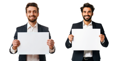 a happiness businessman holding a blank placard sign poster paper in his hands isolated on a transparent background..