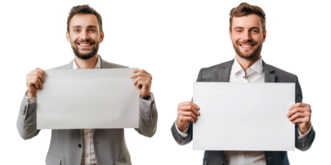 a happiness businessman holding a blank placard sign poster paper in his hands isolated on a transparent background..