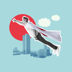 Young man in superhero cape flying above city and red sun, contemporary art collage