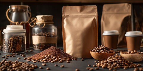 Coffee Packaging Display with Beans, Ground Coffee, and Takeaway Cups