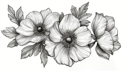 Detailed Pencil Drawing of Three Blooming Anemones With Leaves