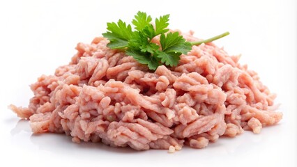 Freshly ground chicken meat with lean texture showcased on isolated white backdrop in vibrant double exposure, ideal for healthy recipes.