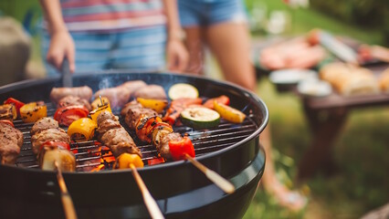 Naklejka premium Summer time party in backyard garden with grill BBQ, Family Gathering in the Garden.
