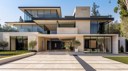 Obraz premium A modern house on a hill overlooking a natural landscape.