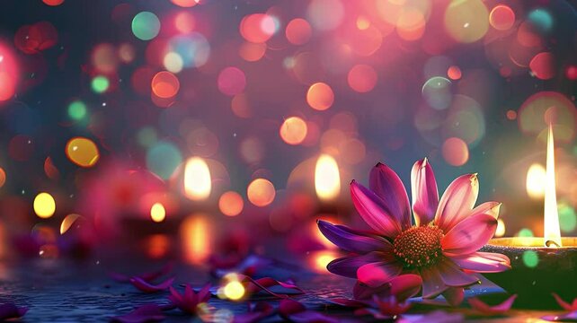 Graphic resource happy Diwali lighting background. flat way one Dilwali lamp vestifal with flower and background blur bokeh