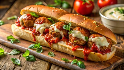 Juicy chicken parmesan meatball subs smothered in marinara sauce, fresh basil, and melted mozzarella on a crusty sub roll with space.