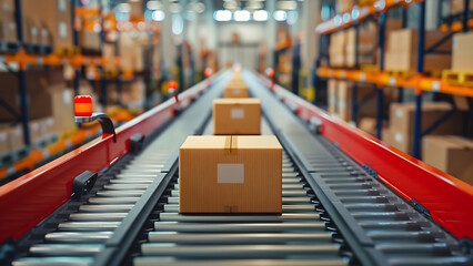 Boxes on a conveyor belt against a background of many stacks of cardboard boxes.	