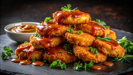 Juicy golden brown crispy chicken breast patty sits alone on a clean white plate with a side of fresh greens.