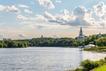 Church of Anscension and the Moskva River in Kolomenskoye park in Moscow, Russia
