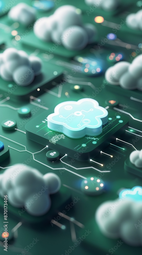 Poster an isometric illustration of a cloud computing system.