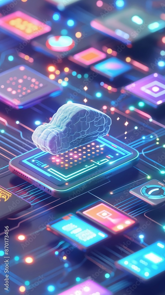 Poster an isometric illustration of a cloud computing system.