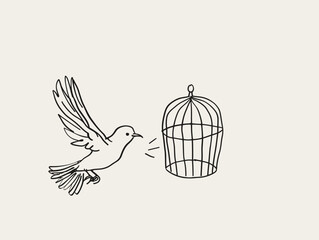 Bird Taking Flight From Cage: One-Line Drawing Symbolizing Freedom, Breaking Boundaries, and Embracing the Unknown