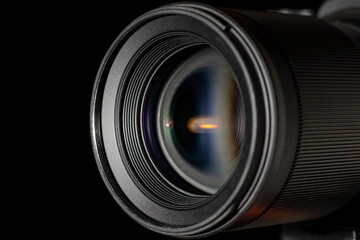 Closeup view of camera lens aperture