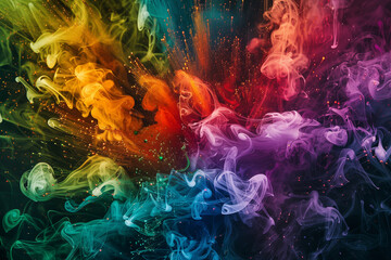 An abstract background featuring vibrant multi colors resembling swirling smoke explosions amidst lush greenery.