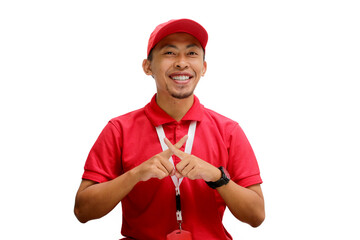 Asian Delivery man or courier is making an X sign gesture by crossing his fingers, indicating...