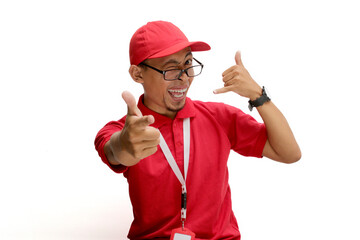 An Asian delivery man or courier stands confidently against a white background, pointing at the camera and winking while making a playful 'call me' gesture with his other hand.