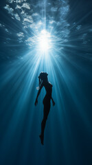 A beautiful female model free diving in the deep sea. Light rays pierce through the water, creating beautiful, ethereal lighting that illuminates the underwater world .