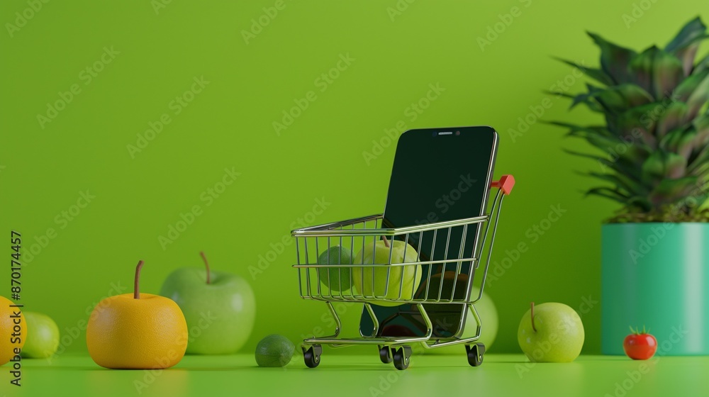 Poster a colorful backdrop with a shopping cart and a cell phone within.