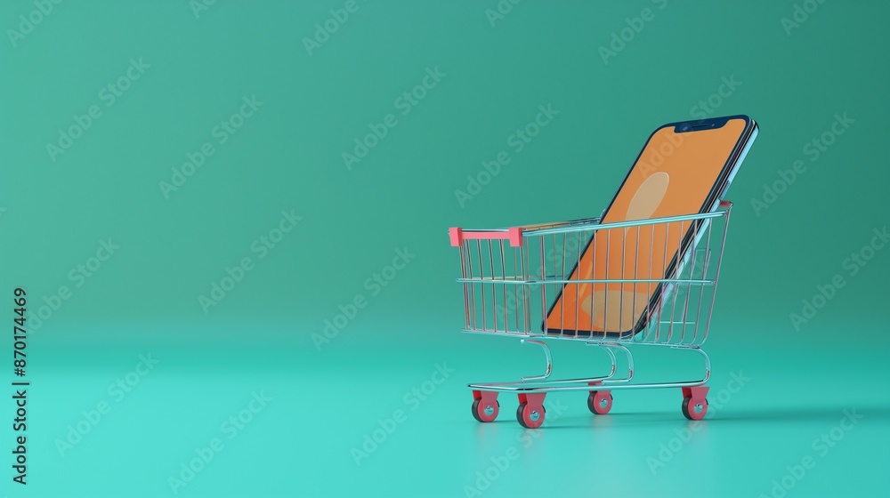 Poster a colorful backdrop with a shopping cart and a cell phone within.