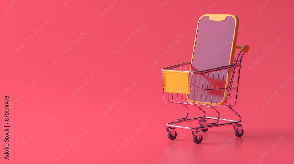 Poster a colorful backdrop with a shopping cart and a cell phone within.