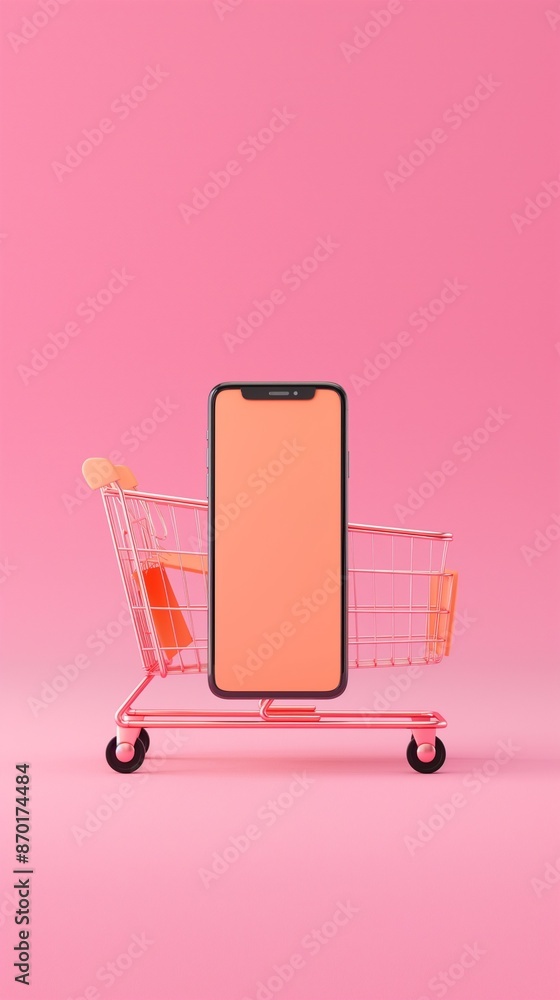 Poster a colorful backdrop with a shopping cart and a cell phone within.