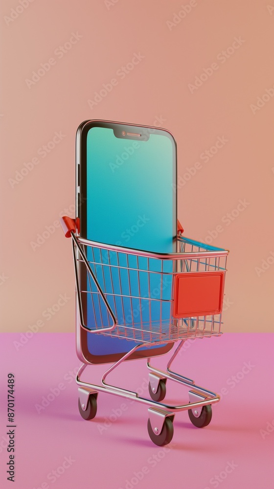 Poster a colorful backdrop with a shopping cart and a cell phone within.