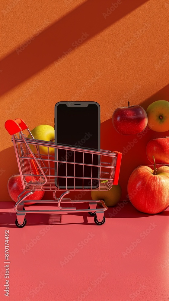 Poster a colorful backdrop with a shopping cart and a cell phone within.