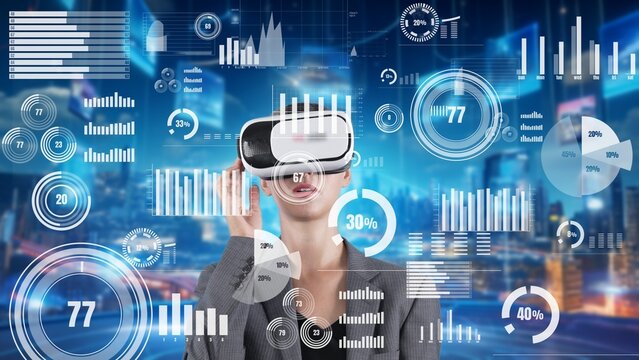 Woman pressing start opening VR analyze financial business at office uploading transform to interface digital infographic network technology virtual 3d animation meta programing at front. Contraption.