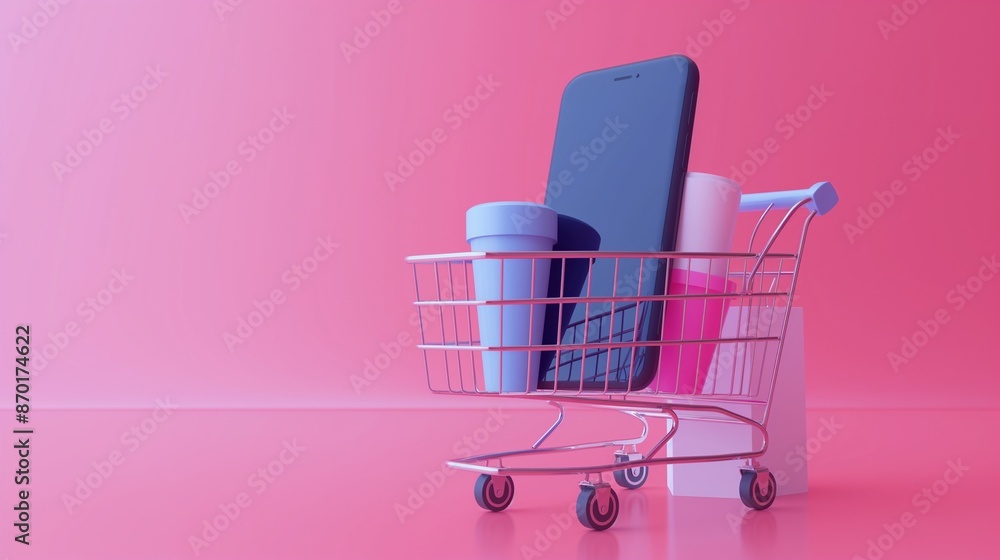 Poster a colorful backdrop with a shopping cart and a cell phone within.