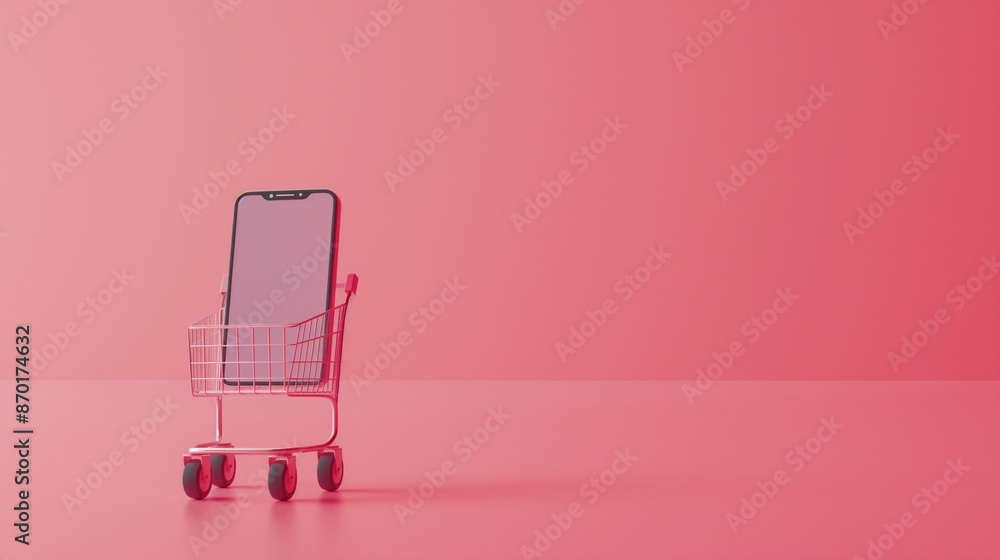Poster a colorful backdrop with a shopping cart and a cell phone within.