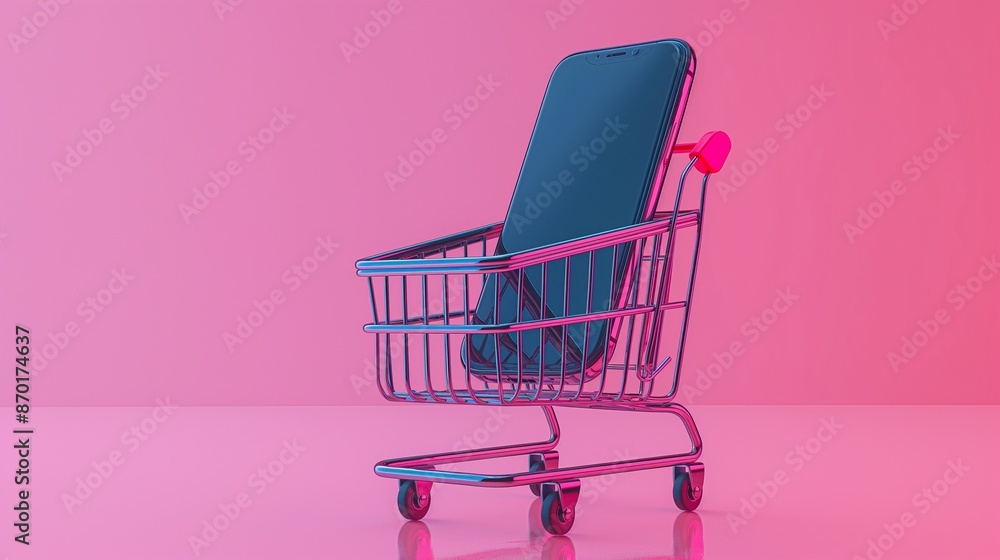 Poster a colorful backdrop with a shopping cart and a cell phone within.