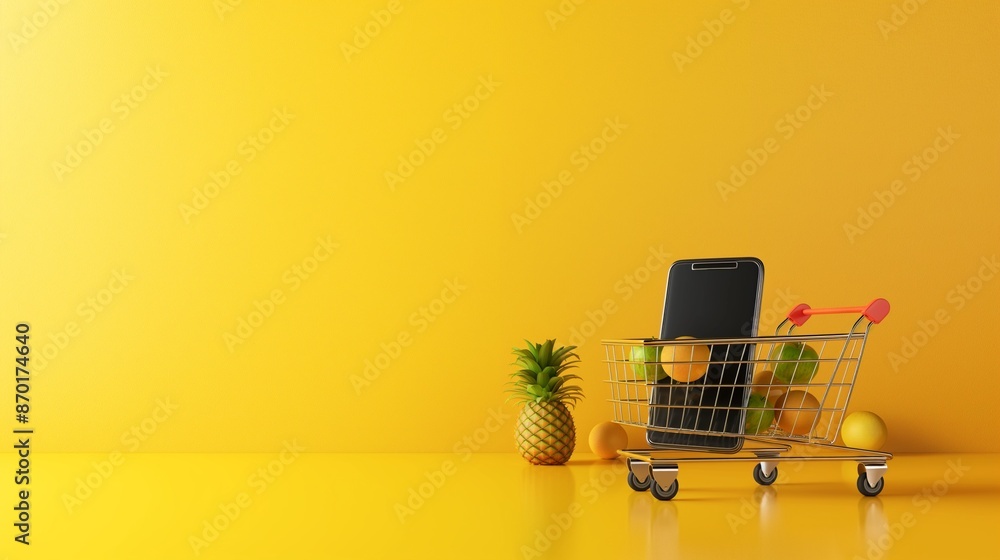 Poster a colorful backdrop with a shopping cart and a cell phone within.