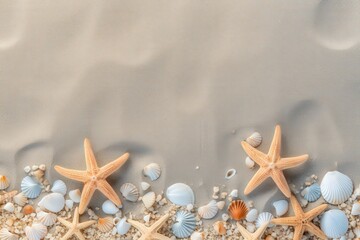 Seashells and Starfish on Sandy Beach