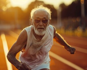 Elderly man actively participating in local sports, showing determination and joy in his expression