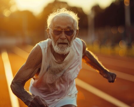 Elderly man actively participating in local sports, showing determination and joy in his expression