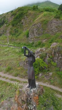 Statue of Akhtamar at Lake Sevan, Armenia. Taken with a drone.